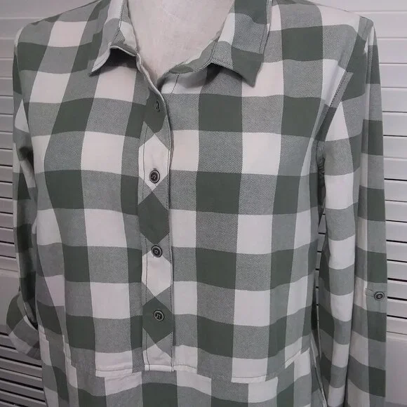 Caslon Green‎ White Large Check Cotton Flannel Tunic Roll Tab Sleeves Size Small - Picture 4 of 11